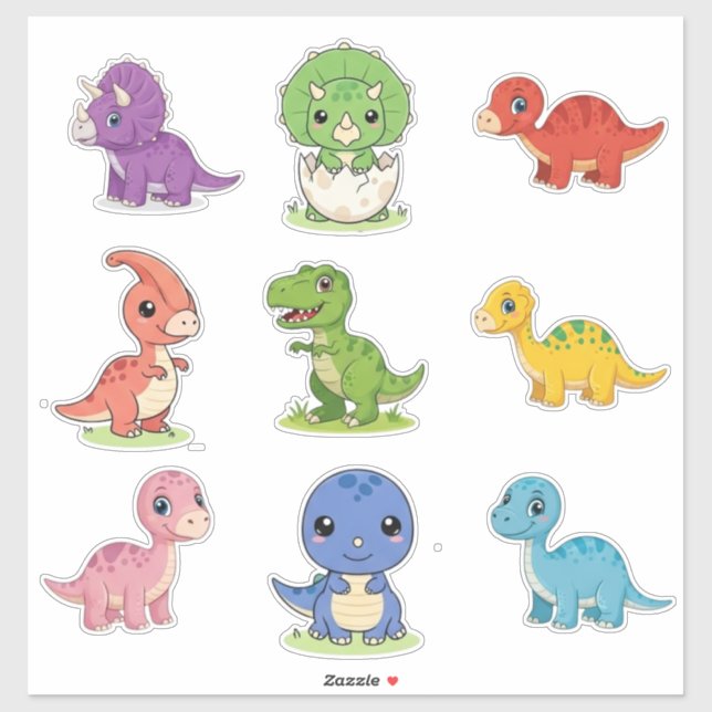 9 Cute Colorful Dinosaur Kids Vinyl Sticker Sheet (Sheet)