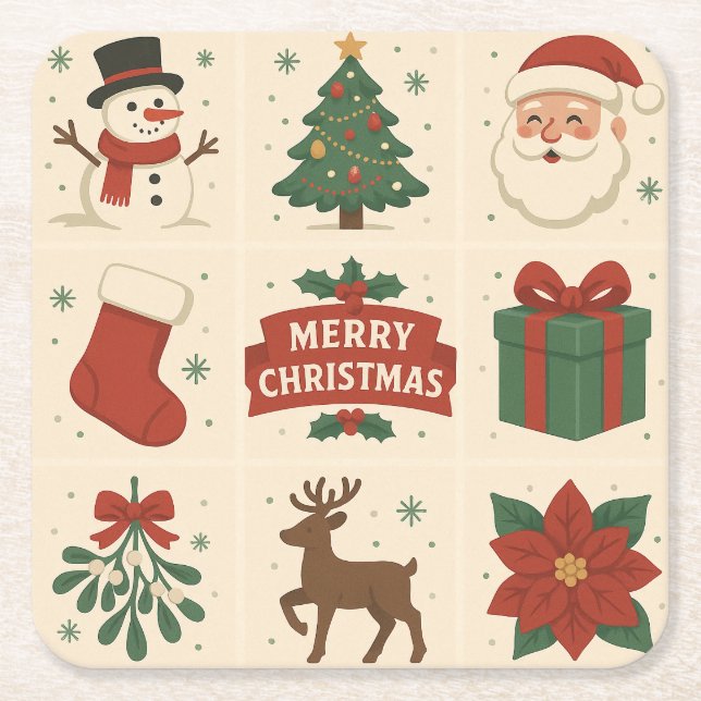 9 Cute Merry Christmas Images Square Paper Coaster (Front)