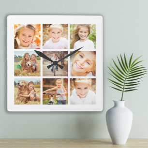 9 Family Photo Collage White Square Wall Clock