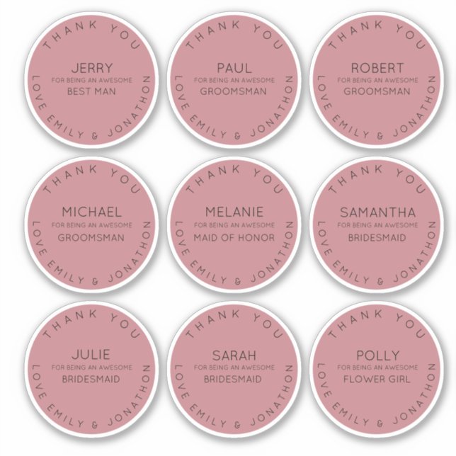 9 Individual Name Thank You Bridal Party Rose Pink (Front)