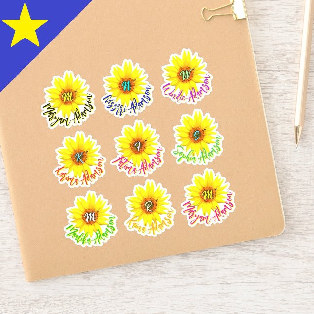 9 Names & Sunflowers | Waterproof Handwritten Name (monogram waterproof stickers
handwritten name tags)