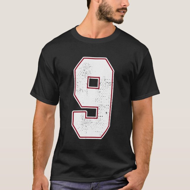 9 Outline Number 9 Varsity Fan Sports Team Black J T-Shirt (Front)