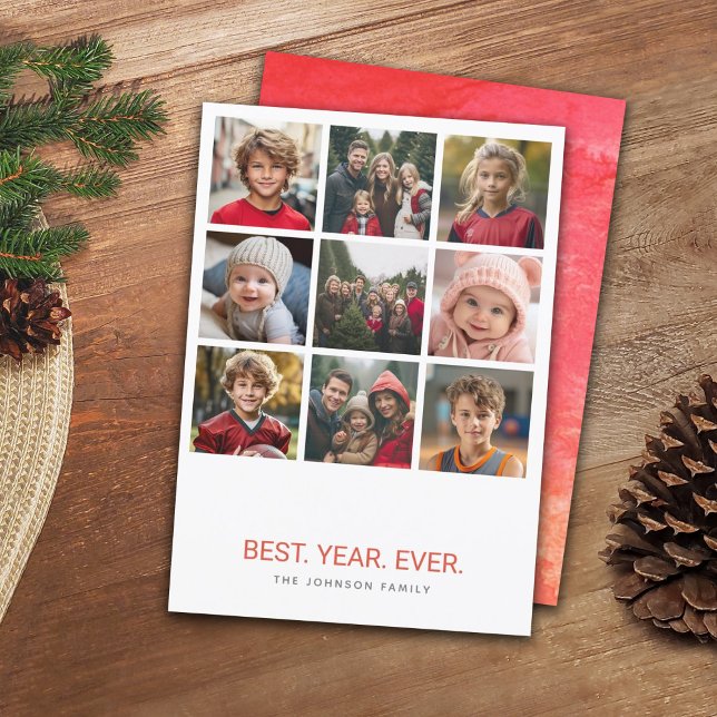 9 Photo Best Year Ever HYN Christmas Minimal red Holiday Card (Best Year Ever - 9 Photo collage Christmas Card)