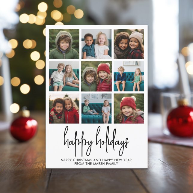 9 Photo Black White Minimal Christmas Happy Holiday Card (Modern, Minimal Christmas Photo Collage with 9 Photos)