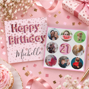 9 Photo Blush Pink Girl 21st Birthday Holiday Card
