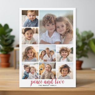 9 Photo Buffalo Plaid Christmas Red Peace and Love Holiday Card