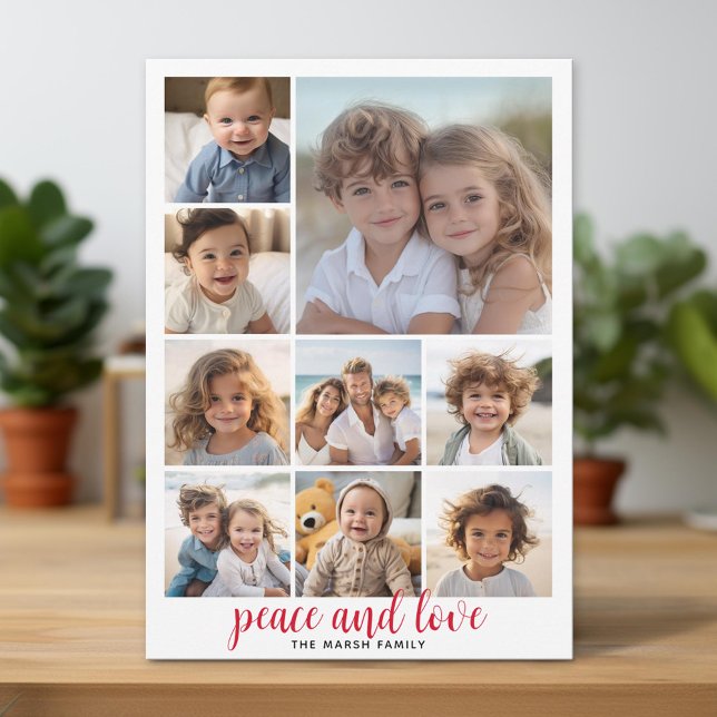 9 Photo Buffalo Plaid Christmas Red Peace and Love Holiday Card (Unique Photo Card)