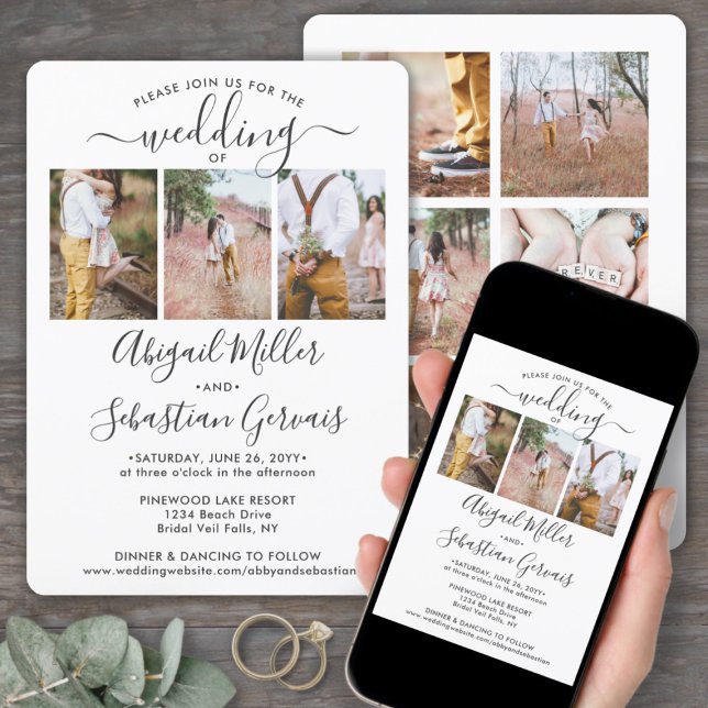9 Photo Collage Elegant Modern Calligraphy Wedding Invitation (Creator Uploaded)