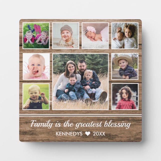 9 Photo Collage Family Quote Rustic Wood Plaque (Front)