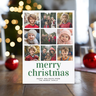 9 Photo Collage Merry Christmas green red plaid Holiday Card