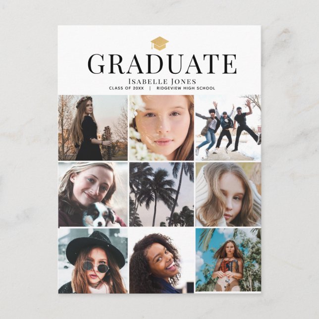 9 Photo Collage Minimalist White Graduation Announcement Postcard (Front)