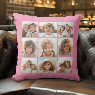 9 Photo Collage - Modern Grid on Pink Background Cushion