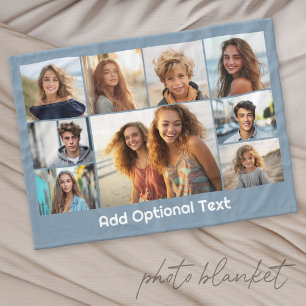 9 Photo Collage Optional Text -- Blue White Fleece Blanket