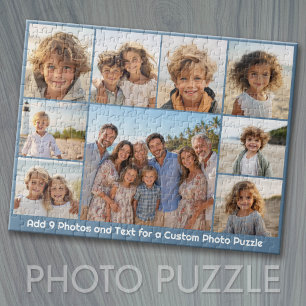 9 Photo Collage Optional Text -- Blue White Jigsaw Puzzle