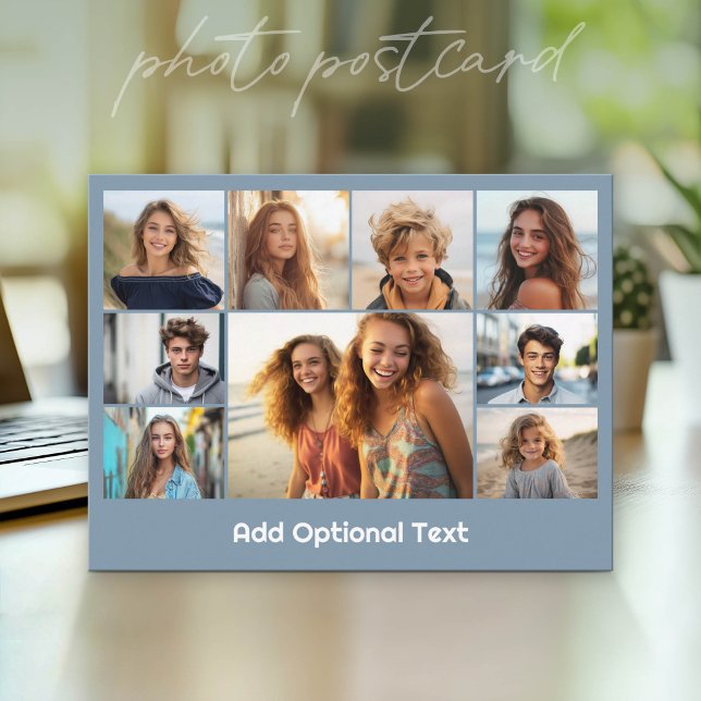 9 Photo Collage Optional Text -- Blue White Postcard (Photo Postcard - Customize with your favorite photos)
