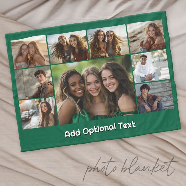 9 Photo Collage Optional Text -- Green White Fleece Blanket (Custom Photo Blanket with Lots of Photos)