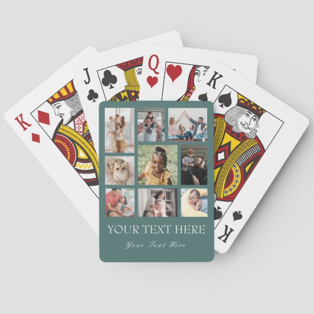 9 Photo Collage or Collage with Script Text green Playing Cards (Back)