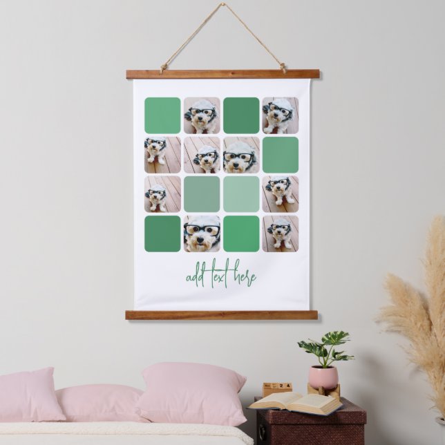 9 Photo Collage - Soft Green Colours - Script Text Hanging Tapestry (Bedroom)