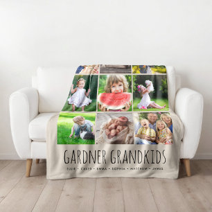 9 Photo Collage with Custom Grandkids Names Grey Fleece Blanket