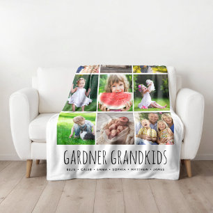 9 Photo Collage with Custom Grandkids Names   Grey Fleece Blanket