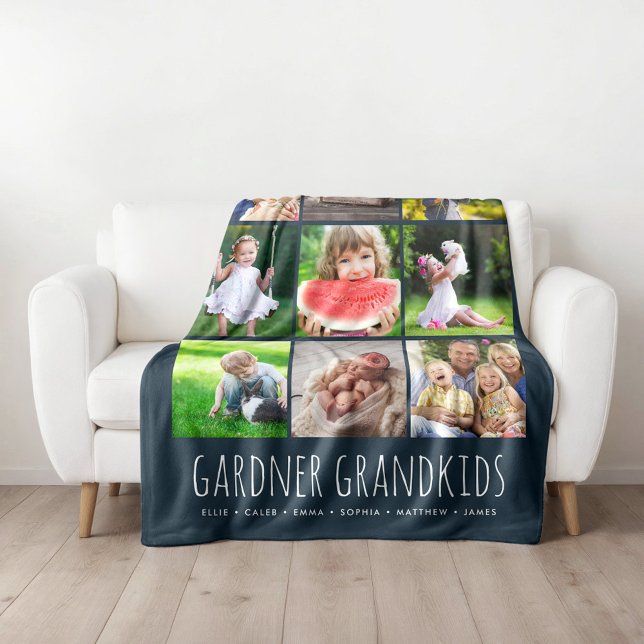 9 Photo Collage with Custom Grandkids Names | Navy Fleece Blanket (Creator Uploaded)