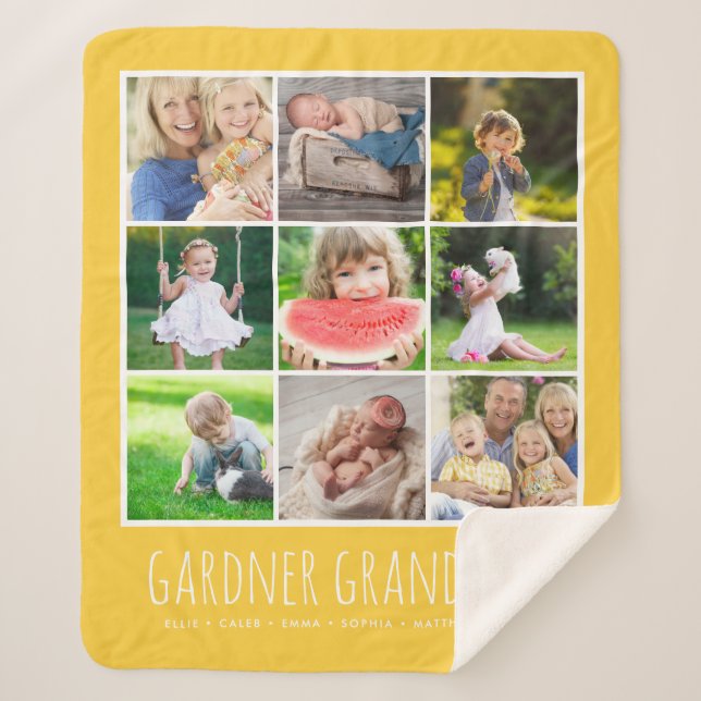 9 Photo Collage with Grandkids Names | Yellow Sherpa Blanket (Front)