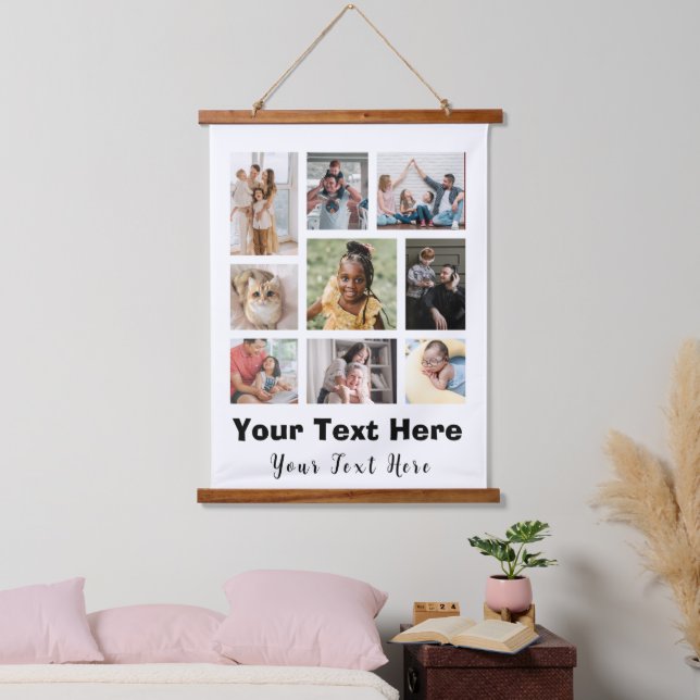 9 Photo Collage with Script Text White Hanging Tapestry (Bedroom)