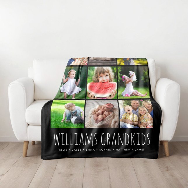 9 Photo Collage with Your Grandkids Names | Black Fleece Blanket (Creator Uploaded)