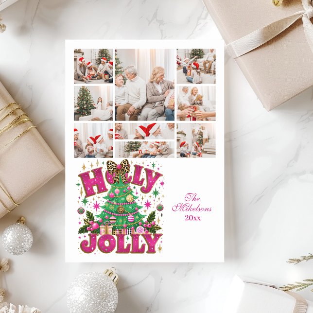 9 Photo Glitter Leopard Bow Holly Jolly Holiday Card (Creator Uploaded)