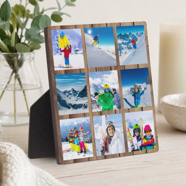 9 Photo Grid Collage Rustic Wood Plaque (9 Photo Grid Collage Rustic Wood Plaque)