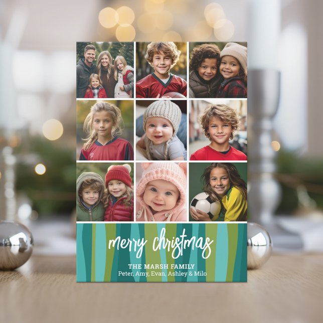 9 Photo - Merry Christmas - Abstract Waves 2023 Holiday Card (9 Photo Holiday Card - Modern Abstract Design with Bounce Calligraphy)