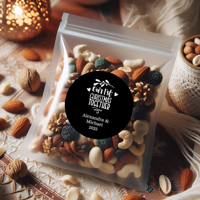 9 Photo Minimalist First Christmas Together Classic Round Sticker (Creator Uploaded)