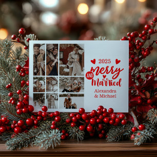 9 Photo Minimialist Merry and Married  Holiday Card