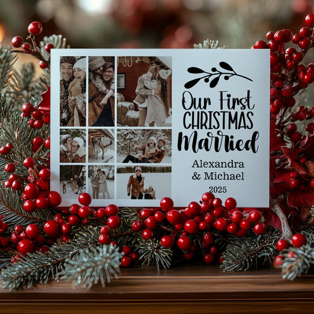 9 Photo Minimialist Our First Christmas Married Holiday Card (Creator Uploaded)