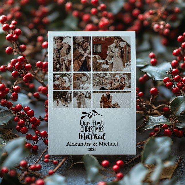9 Photo Minimialist Our First Christmas Married Holiday Card (Creator Uploaded)