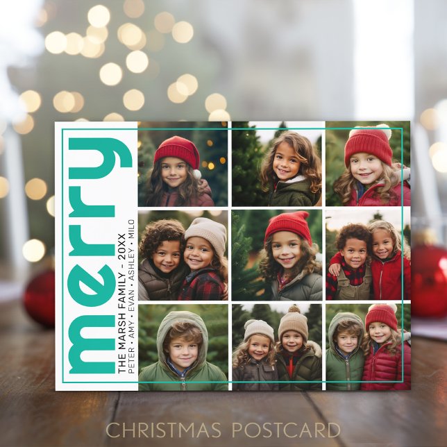9 Photo Offset - Bold Merry - Christmas Teal - Holiday Postcard (Christmas Postcard with 9 photos and a modern design on the front - merry)