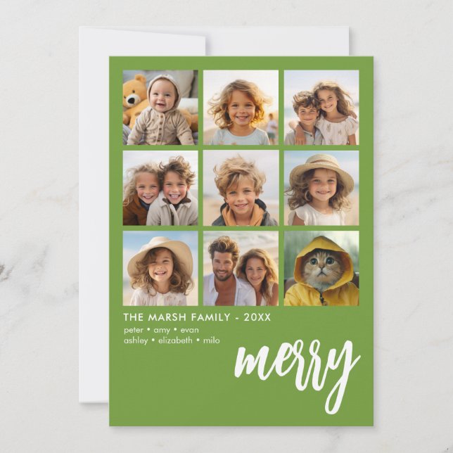 9 Photo Offset - Bold Script Merry - Green Holiday Card (Front)