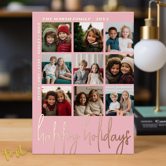9 Photo Offset - Happy Holidays Script - rose gold (Holiday Greeting Card with Foil and Photos)