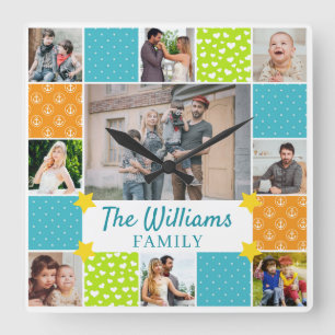 9 Photo Personalised Scrapbook Style Family Square Wall Clock