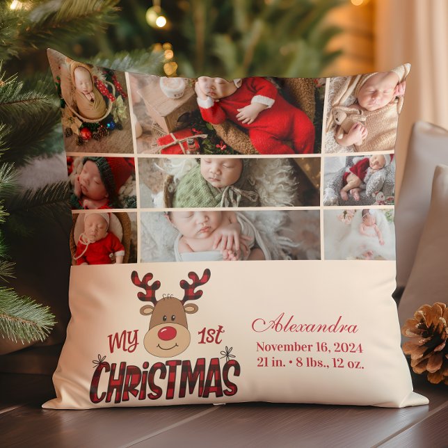 9 Photo Plaid Reindeer Baby First Christmas  Cushion (Creator Uploaded)