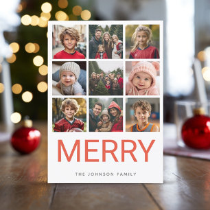9 Photo Red Merry Modern Christmas Holiday Card