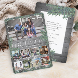 9 Photos & Captions Christmas Greenery & Gray Wood Holiday Card