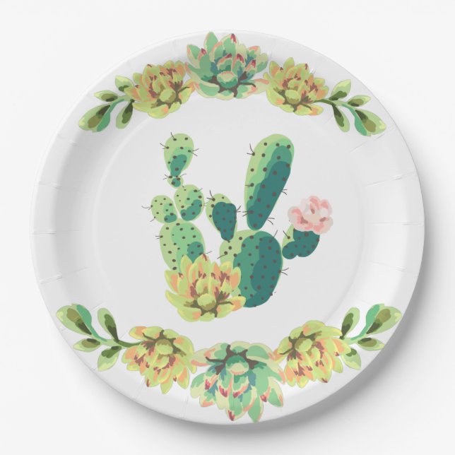 9" Round Paper Plate Bohemian Cactus Succulents De (Front)