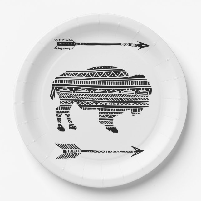 9" Round Paper Plate Boho Buffalo Tribal Pattern B (Front)