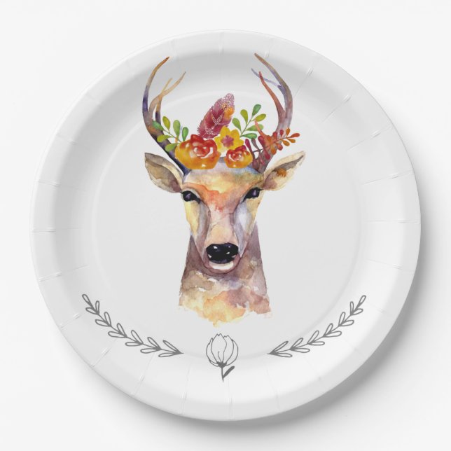 9" Round Paper Plate boho deer Buck Head Browning (Front)