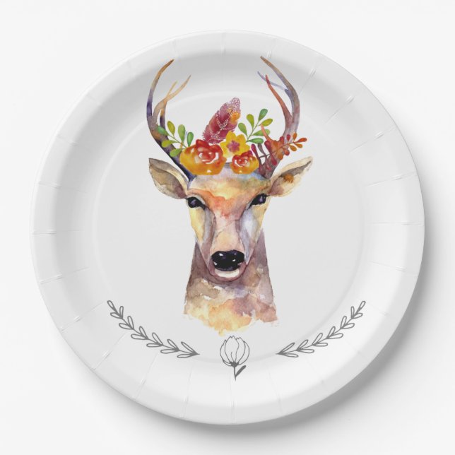 9" Round Paper Plate boho deer Buck Head Browning (Front)
