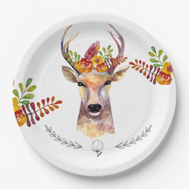 9" Round Paper Plate boho deer Buck Head Browning (Front)