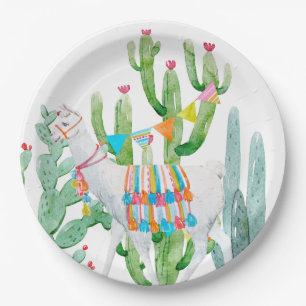 9" Round Paper Plate Boho Llama Bohemian Cacti Des