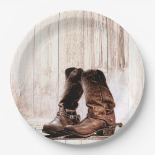 9" Round Paper Plate Boots Country Rustic Western