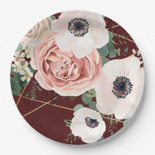 9" Round Paper Plate Geometric Garden Rose Wine